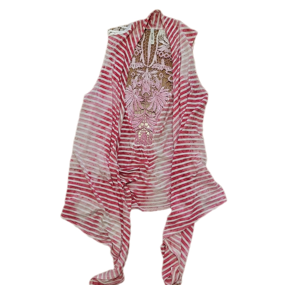 Pink striped and floral embroidered top